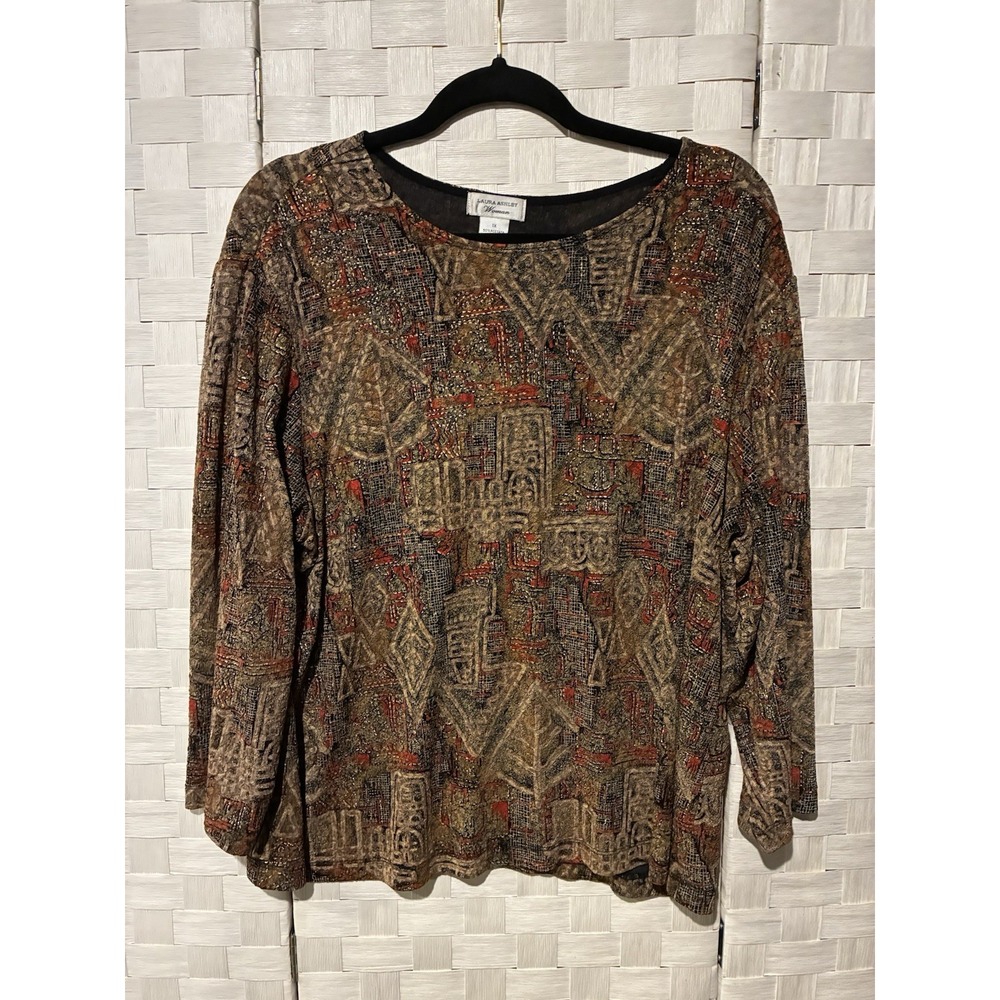 Laura Ashley Women 1X Abstract Tribal Print Stretch Knit Top Long Sleeve